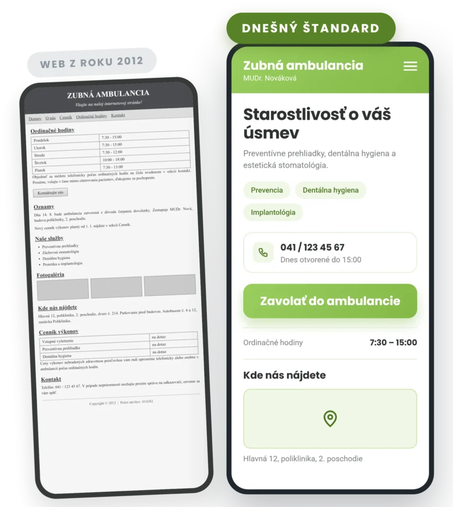 Web zubnej ambulancie predtým a teraz: starý web z roku 2012 a nový web s online objednávaním