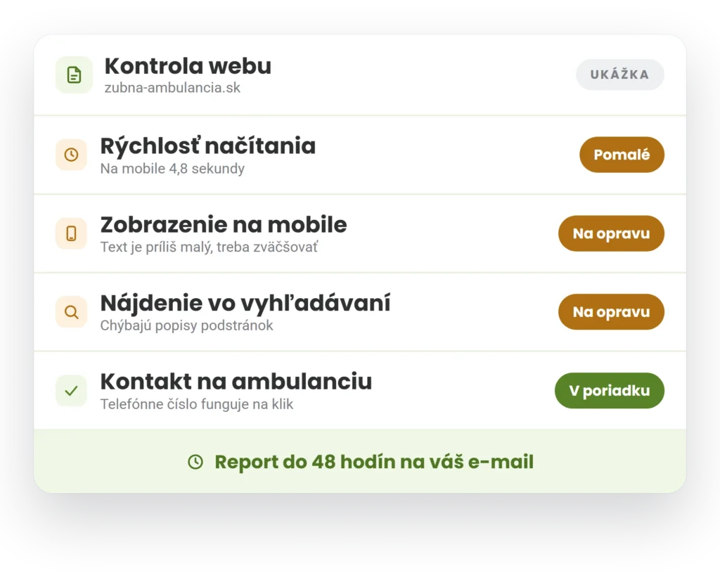 Ukážka reportu z bezplatnej kontroly webu: rýchlosť, mobil, nájditeľnosť, kontakt